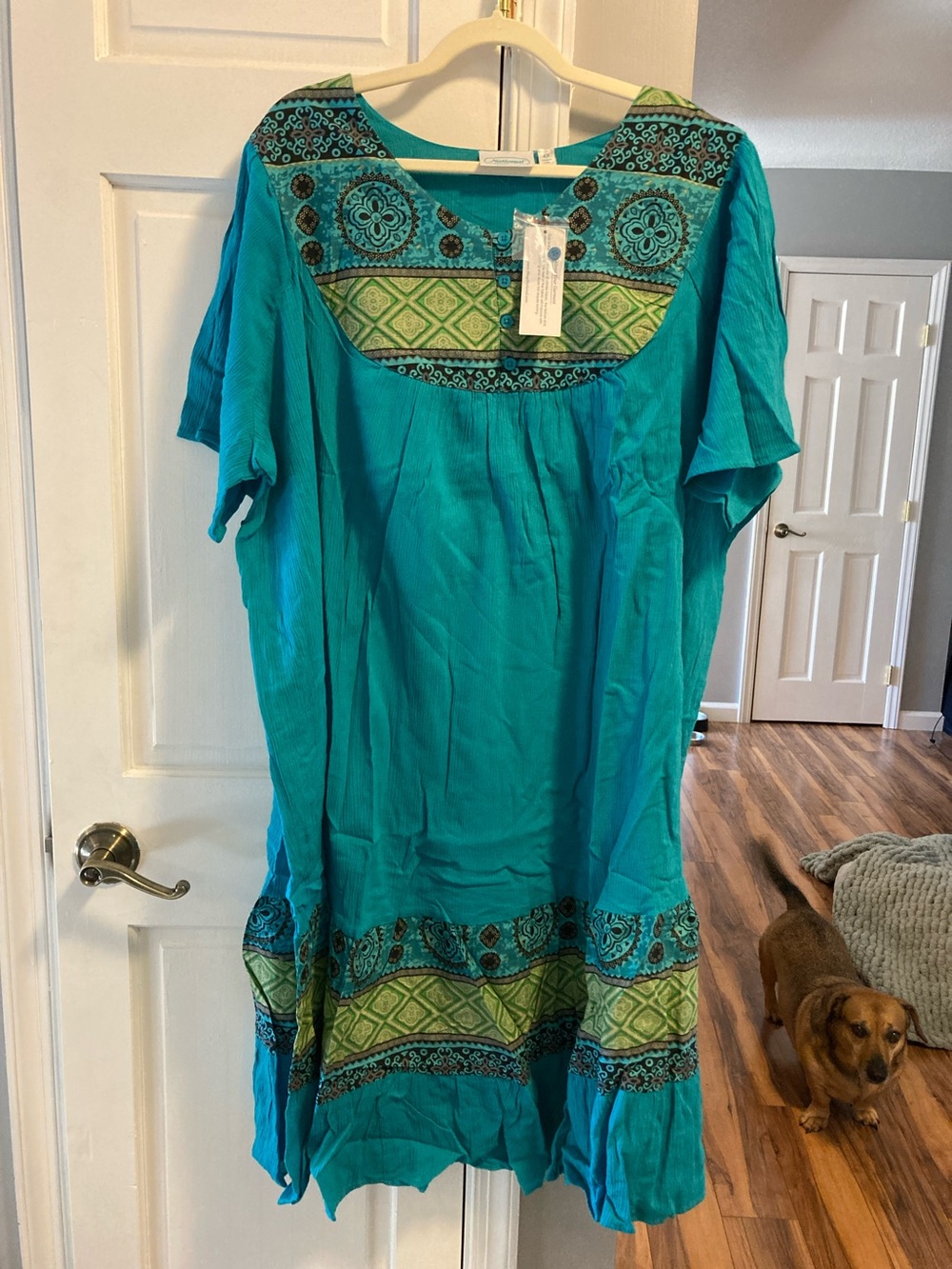 Flowy Turquoise Maxi Dress with Green Accents - Women’s size 4X